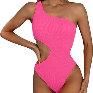 YOLAI Hot Pink One Shoulder Beachwear Sexy Padded Cutout Size Large